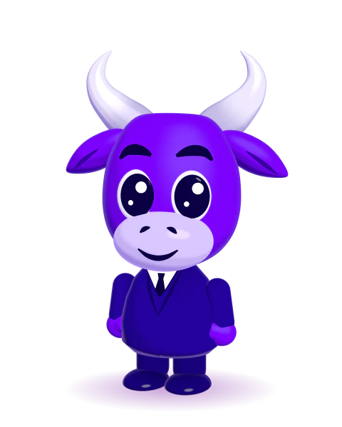 Toro, the FunFi mascot: a smiling purple bull in a navy suit